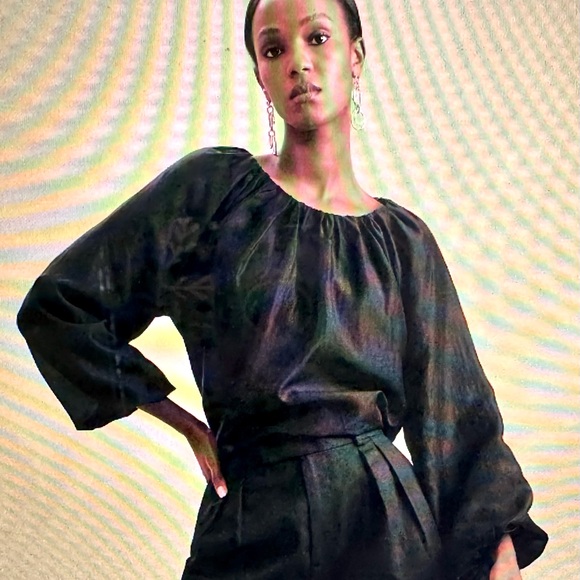 Banana Republic Black Puff Sleeve Shirred Blouse (large) - Picture 1 of 4